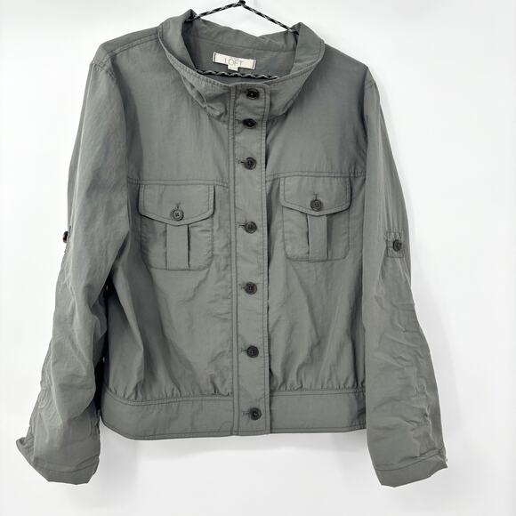 Ann Taylor LOFT Nylon Utility Jacket Green XL Roll Tab Sleeve Button Front Light - Picture 1 of 8